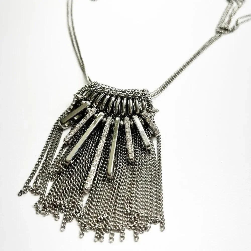 White House Black Market Silver & Crystal Spike & Fringe Necklace